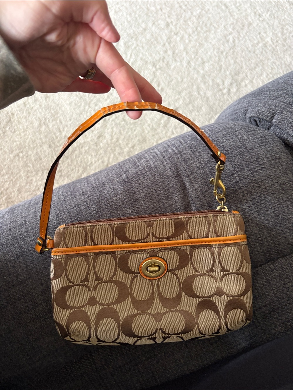 Coach Mini Wristlet in Brown Canvas with Orange Trim